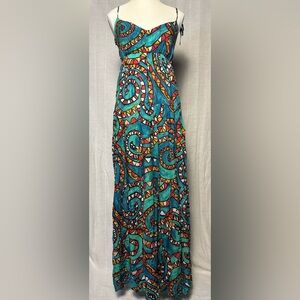 MAGARI‎ 100% Cotton Italy Geometric Vibrant Tie Strap Maxi Vacation Dress Size S